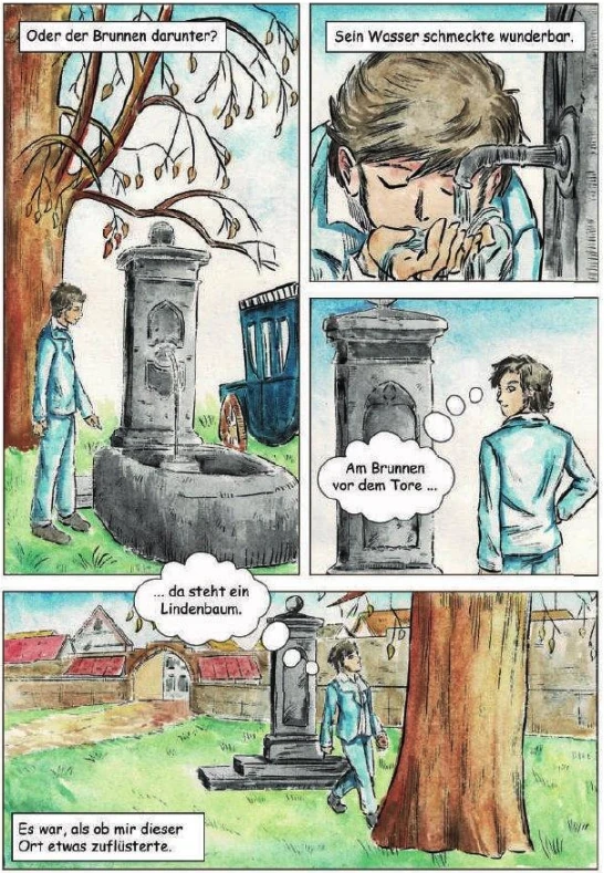 Comicseite in vier Bildern: ein junger Mann betrachtet den Brunnen unter der Linde, trinkt aus dem Auslaufrohr und geht nachdenklich davon